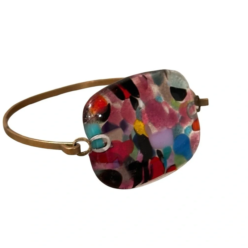Millefiori Colorful Abstract Fuse Glass Hinge Bangle CuffBracelet Square Vintage - Picture 9 of 15